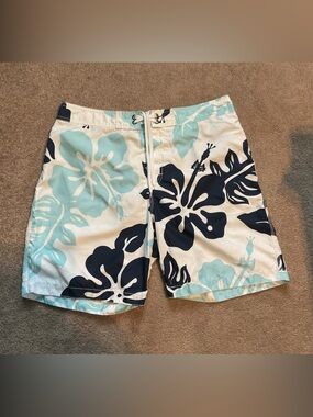 Old Navy White Swim Shorts with Navy & Light Blue Floral Print